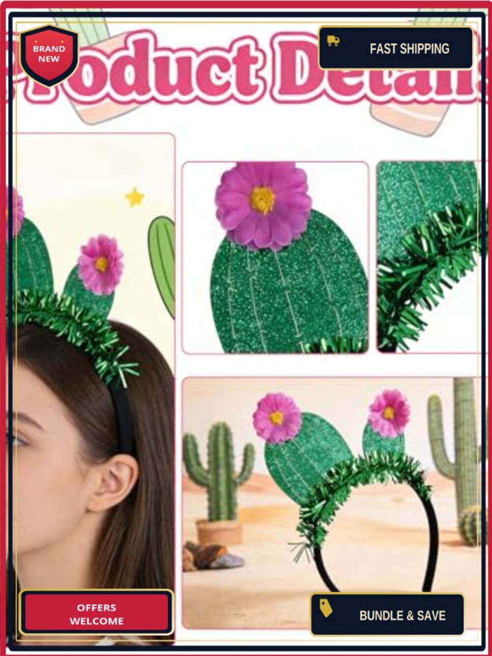 Cactus Headband with Pink Flowers Green Glitter Hawaiian Beach Party Costume